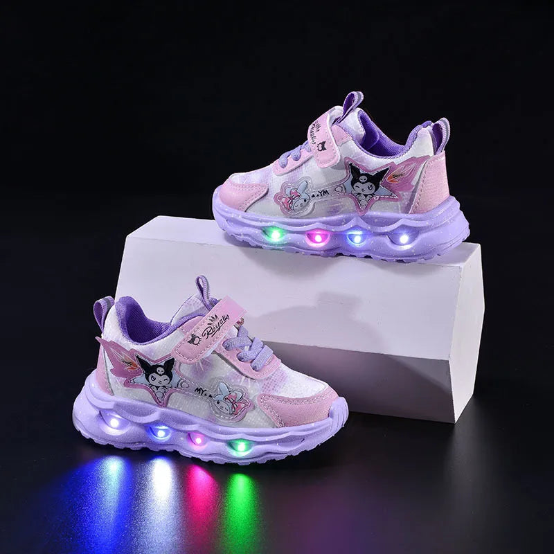 Kids'Casual Shoes Girls Led Light Cartoon PU Leather Spring Fashion Flat Bottom Anti-slip Soft Bottom Pink Purple Size 21-30