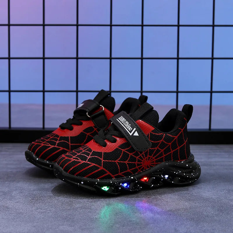 Disney LED Casual Sneakers Spider-Man Red Black For Spring Boys Mesh Outdoor Shoes Children Lighted Non-slip Shoes Size 21-30