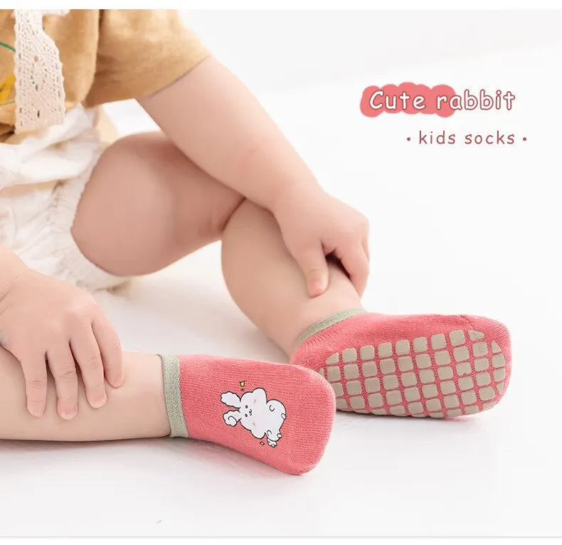 3Pairs Baby Non Slip Socks Cotton Casual Cartoon Print Boys Girls Toddler Floor Socks With Rubber Grips For 1-3Years