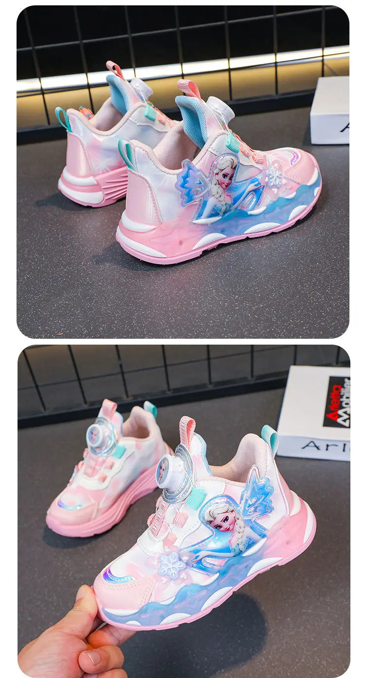 Disney LED Casual Sneakers Spring Girls Frozen Elsa Princess PU Leather Shoes Children Lighted Non-slip Pink Size 23-35