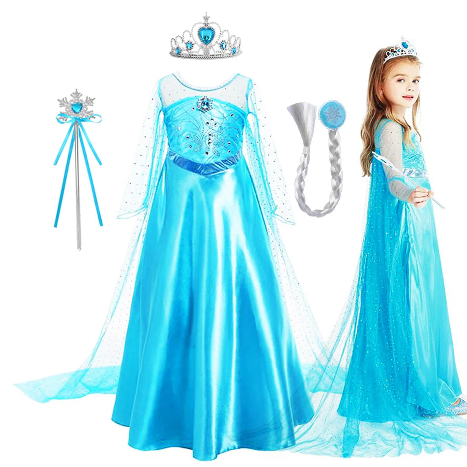 Girls Dresses Kids Princess Costume Halloween Birthday Party Long Cloak Cosplay Elsa Dress Long Sleeve 4 5 6 7 8 9 10 Years