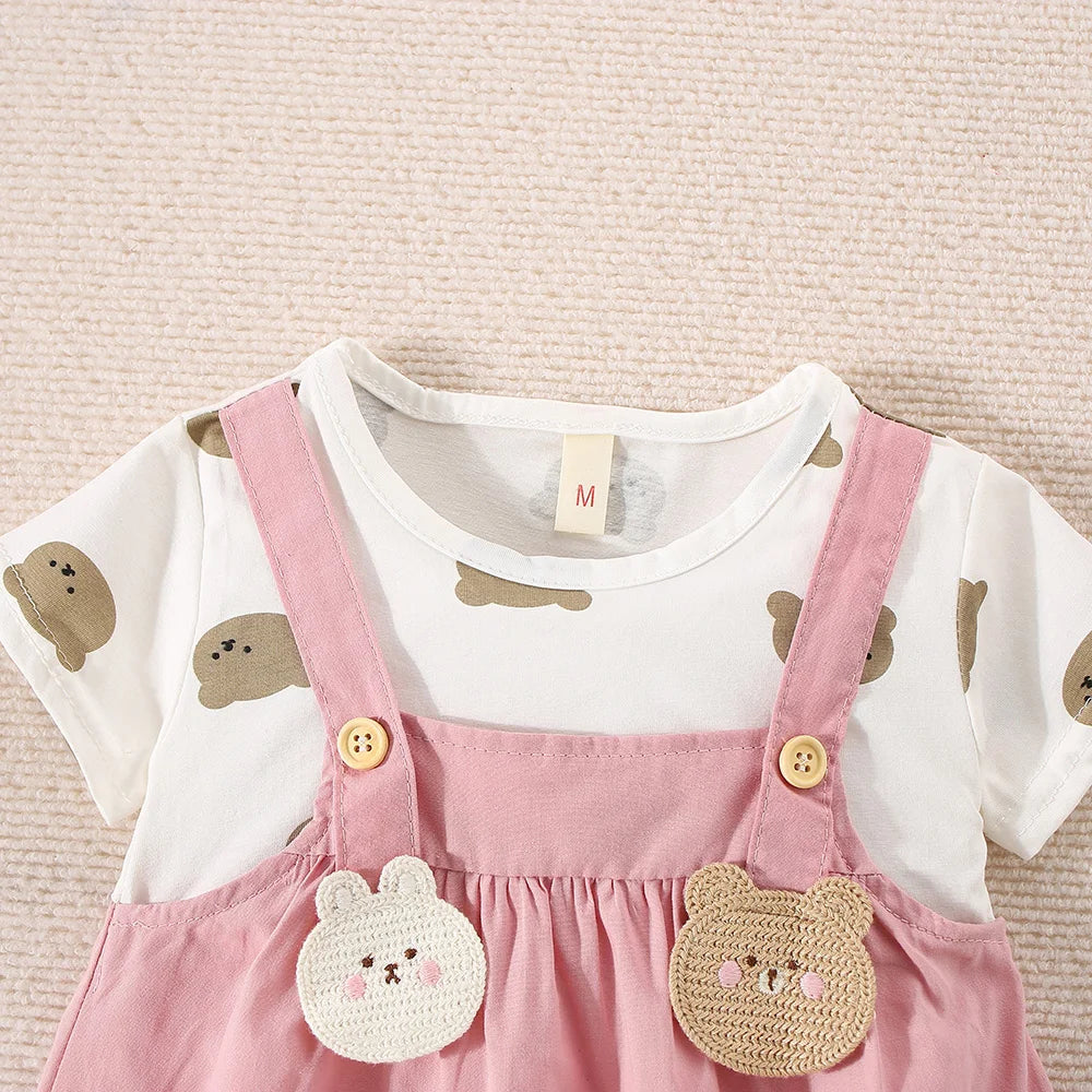 (6-24 Months) Summer New Small Bear Short Sleeved Baby Girl Dress, Fake Two Children'S Clothes