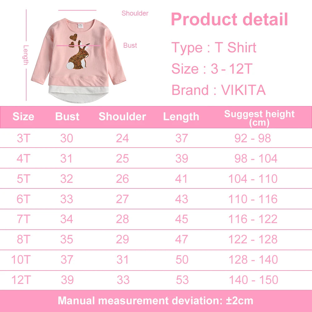 VIKITA Girl Long Sleeve Autumn Spring O Neck T Shirt Kids Rabbit Sequined Appliqued Cotton Casual Tops and Tees Children Clothes
