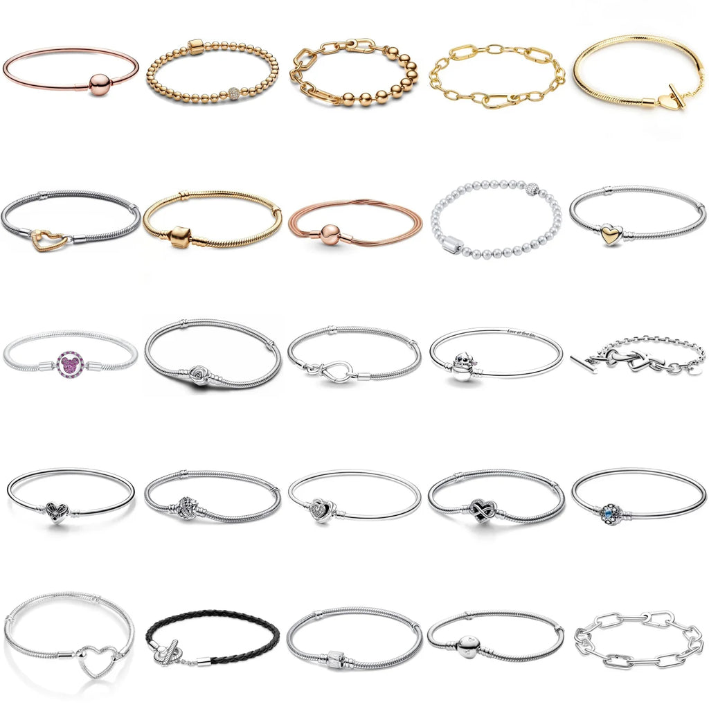 New 925Silver original 17-21CM Pearl Heart-Shaped Hard Ring Square Buckle Round Bracelet Fit for DIY Mini Birthday Jewelry Gifts