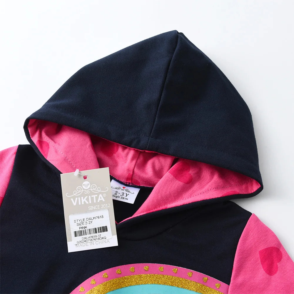VIKITA Kids Autumn Winter Thick Hoodies Dress for Girl Rabbit Rainbow Appliqued Straight Dresses Kids Heart Design Cotton Dress
