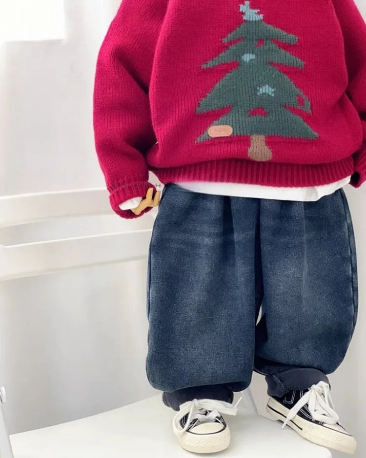 Korean Style Knitted Jacquard Sweater for Boys, Christmas/New Year Festive Crewneck Knitwear, Spring Autumn Stylish Versatile