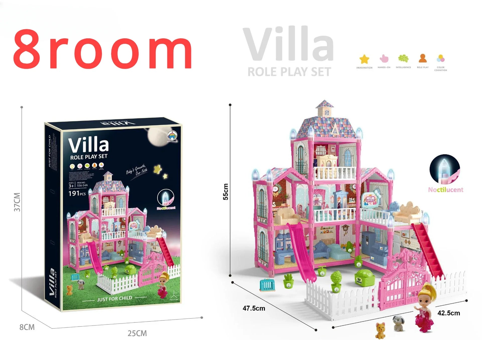 Doll House for Girls 2/8 Rooms Dollhouse with Dolls Figure Furnitures LED Light Toddler Playhouse Chrsitmas Gift for Kids Child