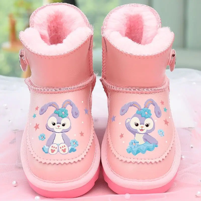 Disney Girls' Snow Boots Genuine Leather StellaLou Cartoon Waterproof Winter Children's Shoes Baby Girls' Thickened Ankle Boots