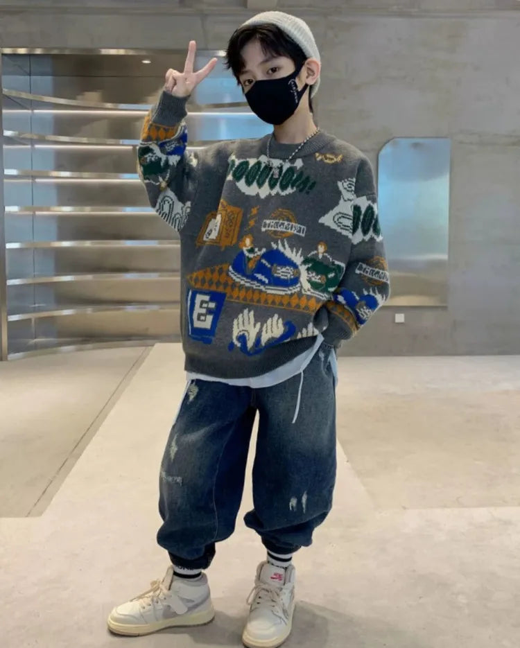2025 New Boys' Autumn/Winter Fleece-Lined Thickened Pullover Knit Sweater - Warm Base Layer for Kids, Trendy & Cozy Design