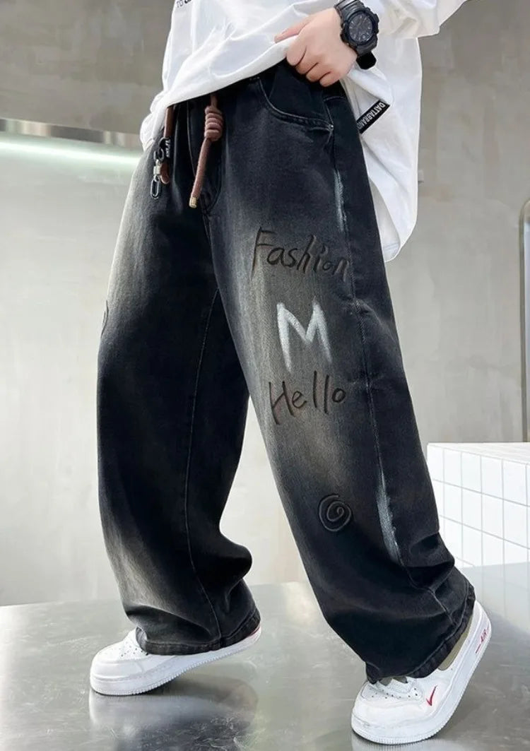 Boys' Trendy Streetwear Jeans for Spring/Fall - Loose Fit Straight-Leg Wide-Leg Denim Pants for Boys 8-14