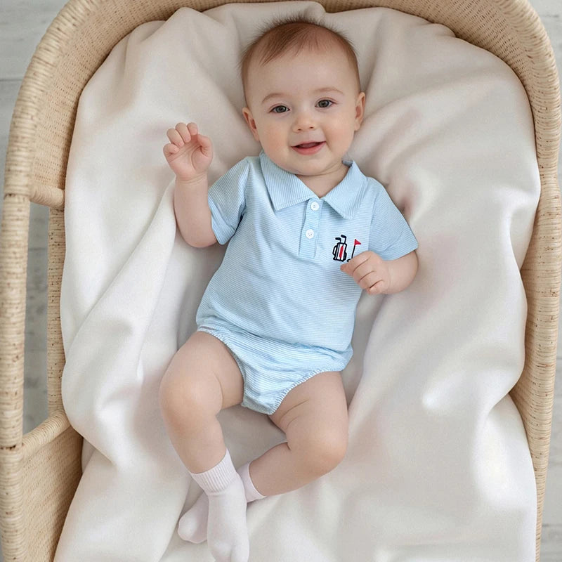 Infant Boy Jumpsuit Stylish Short Sleeve Striped Romper with Turn-down Collar and Embroidery Detail for Everyday Wear