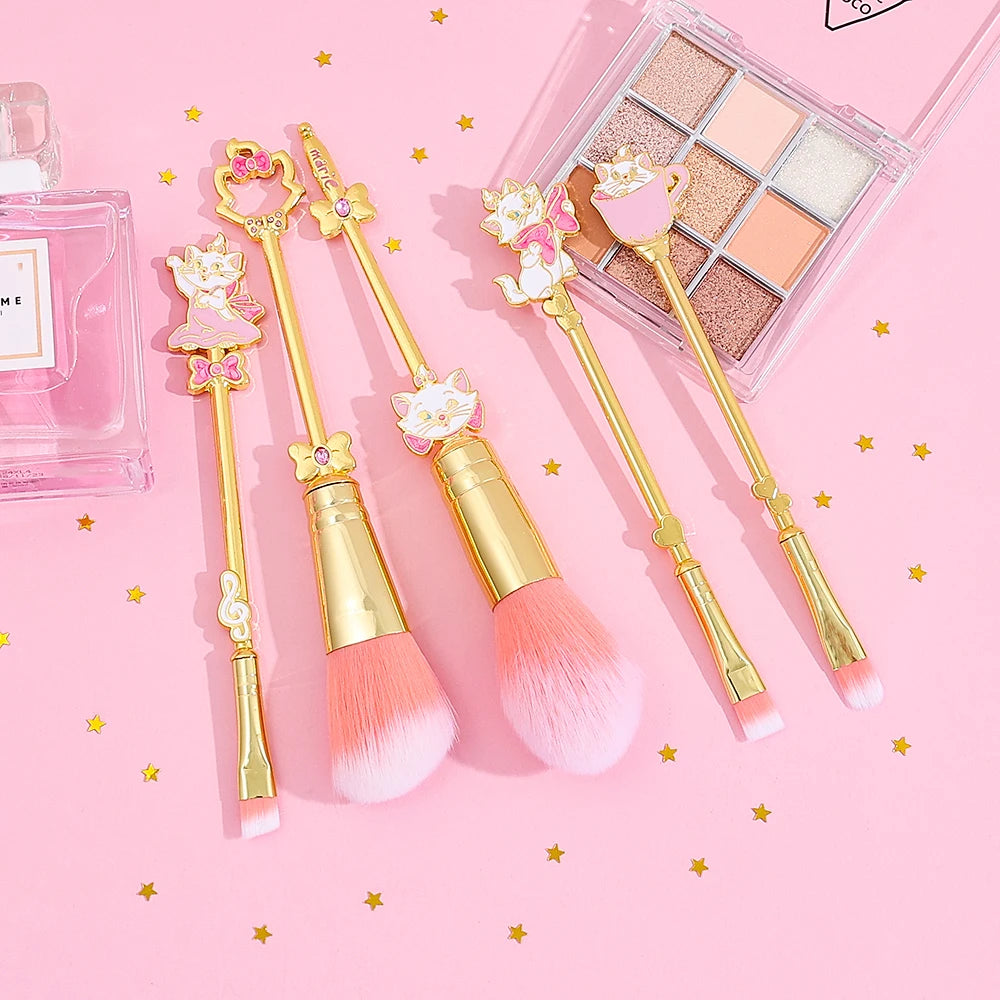 5pcs Mary Cat Makeup Brush Unique Cartoon Shape Makeup Tool Metallic Texture Cute Mary Cat Eyeshadow Brush Set Suitable for Girl