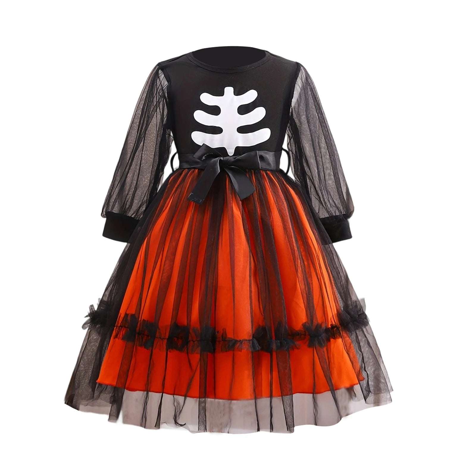 Girls Halloween Costume Dress Skeleton Print Long Sleeve Crew Neck Tulle Patchwork Fall Dress for Kids Party Wear