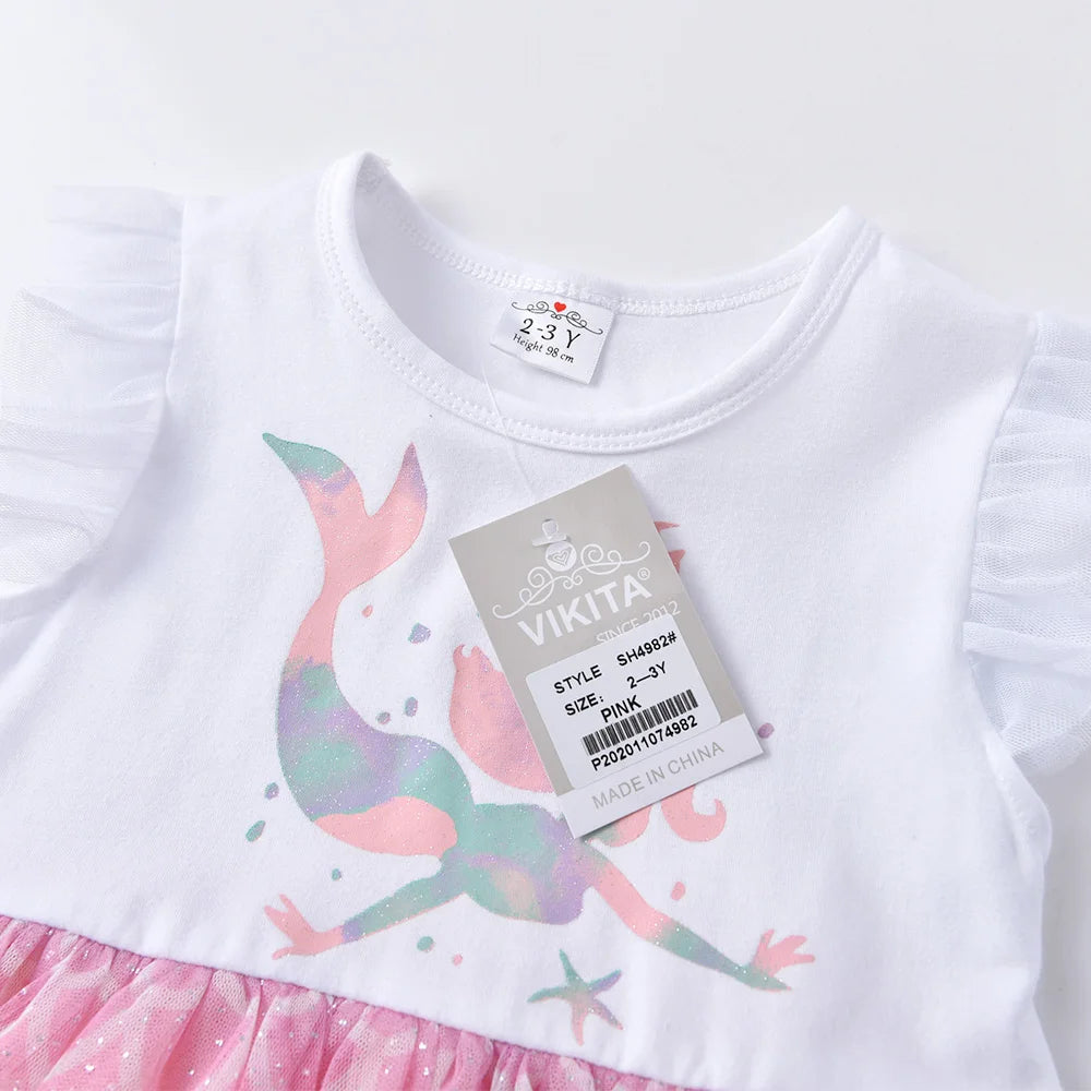 VIKITA Kids Mermaid Print Cartoon Dress Girls Gradient Vacation Birthday Party Casual Princess Flare Sleeve Summer Dresses 3-8 Y
