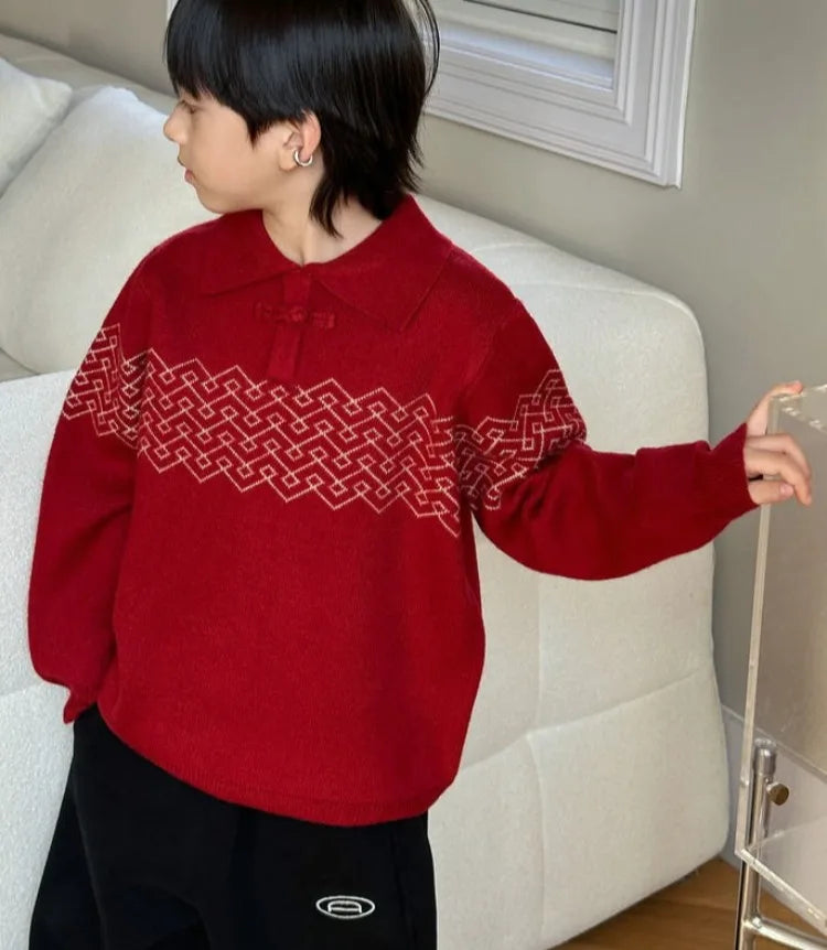 Boys' Red POLO Knit Sweater 2025 Autumn/Winter New Big Kids New Year Outfit Traditional Chinese Style Warmth Crossover Sweater