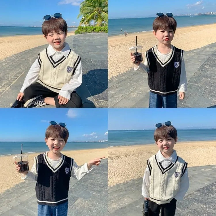 Boys' Knit Vest 2025 Spring Autumn New Preppy Style Kids' Outerwear Trendy Baby Boy Vest for School Casual Wear