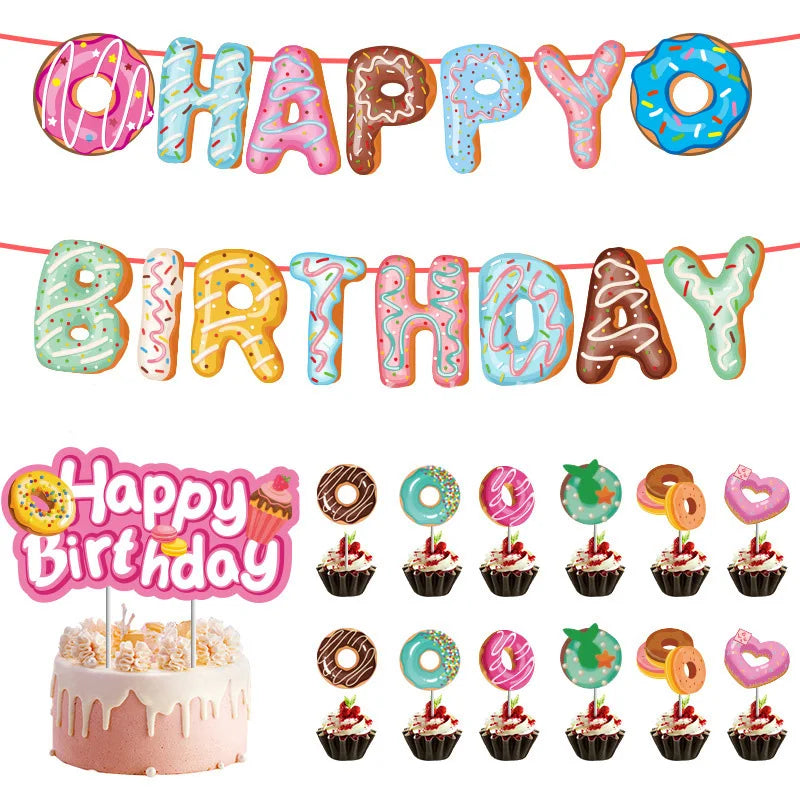 Birthday Party Banner Doughnut Decoration DIY Delicious Food Ornament Happy Birthday Banner Theme Sign Children Party Supply
