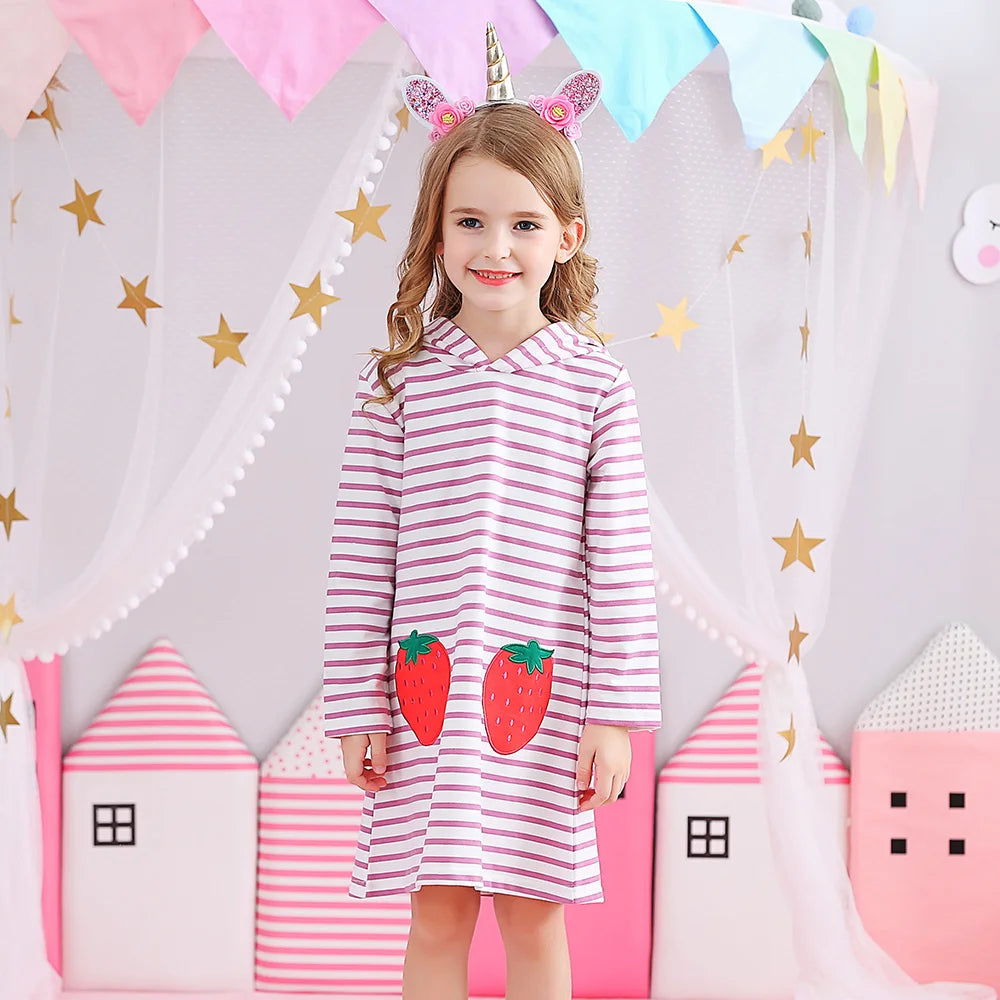 VIKITA Girls Autumn Hoodies Strawberry Pink Striped Straight Dresses Kids Sports Street Fashion Casual Cotton Hoodies Dress