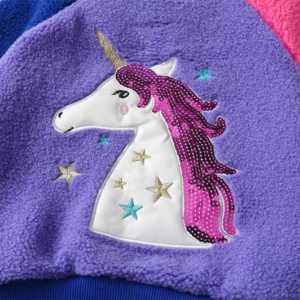 VIKITA Kids Fleece Thick Sweatshirt Girls Unicorn Sequined Cartoon Pullover Outerwear Kids Autumn Winter Warm Sports Sweatshirts