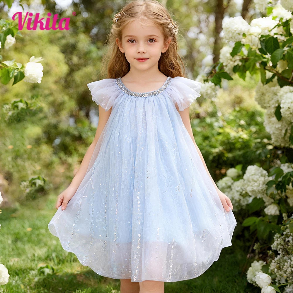 VIKITA Girls Light Blue Sleeveless Ruffled Tulle Shoulders Mesh Sling Dress Kids Fairy Elf Fashion Princess Party Frocks