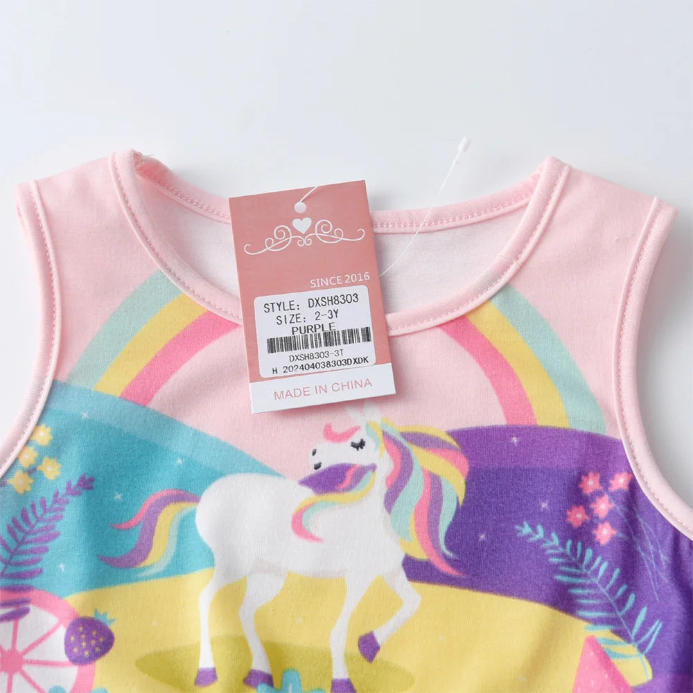 VIKITA Kids Unicorn Cartoon Print Dress Girls Sleeveless Summer Vestidos Kids Patchwork Purple Princess Mesh Tulle Party Dress