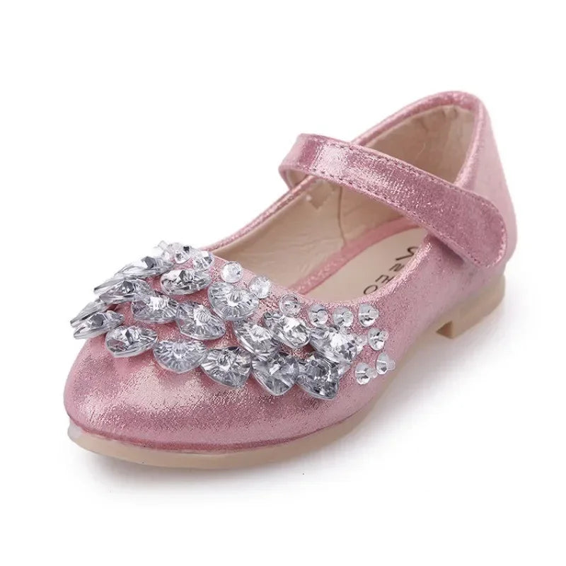 Girls Crystal Shiny Princess Shoes Kids Sweet Flats Performance Shoes Fashion Children's Leather Shoes for Party Wedding