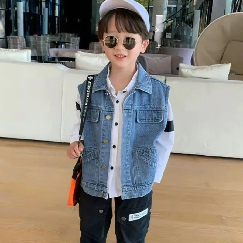 Kids Boys' Korean Style Denim Vest Jacket Spring Autumn Outerwear Versatile Stylish Kids' Clothing