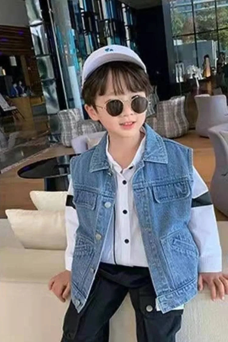 Kids Boys' Korean Style Denim Vest Jacket Spring Autumn Outerwear Versatile Stylish Kids' Clothing