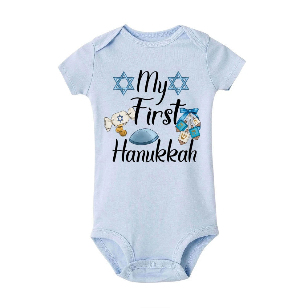 My First Hanukkah Print Baby Bodysuit Boys Girls Jewish Chanukah Short Sleeve Romper Infant Newborn Holiday Outfits Kids Clothes
