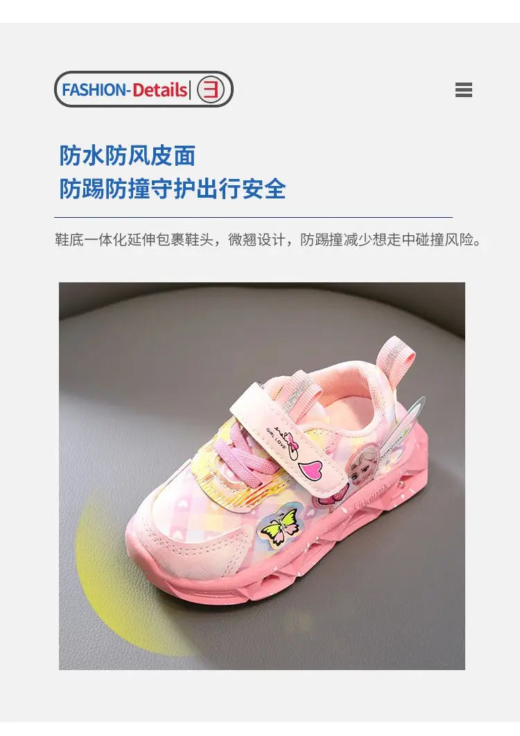 Disney LED Casual Sneakers For Spring Girls Frozen Elsa Princess Print Pu Leather Shoes Children Lighted Non-slip Pink Purple