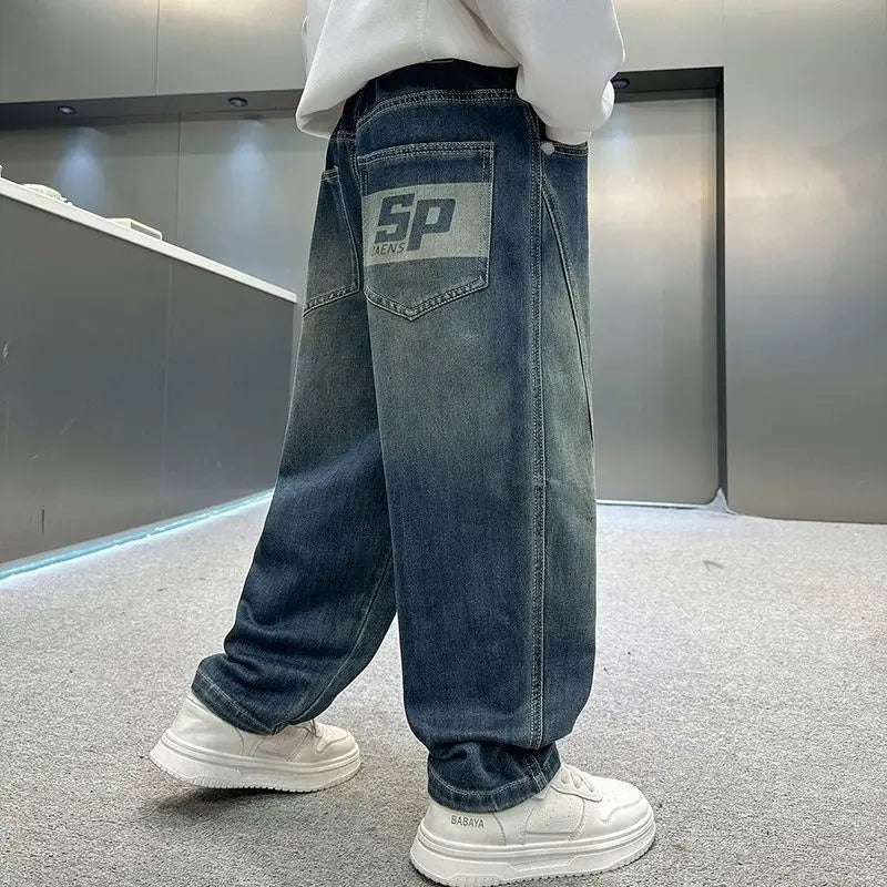 2025 New Korean Style Boys Jeans Spring Autumn Loose Fit Elastic Casual Kids Big Kids Fashion Trendy Jeans
