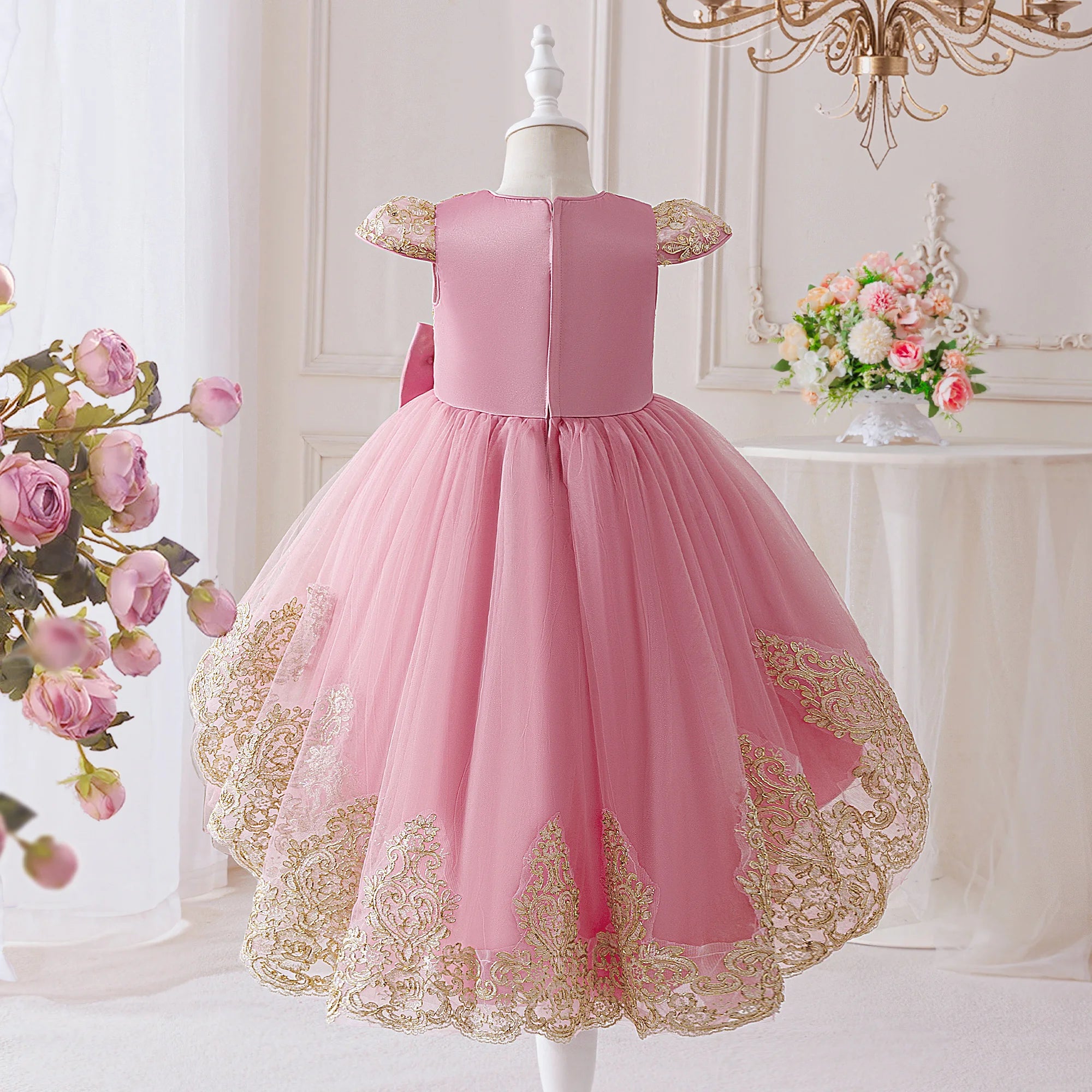 Elegant Embroidery Bow Bridesmaid Party Girls Dress Trailing Flower Wedding Birthday Princess Dresses Girl Evening Prom Vestidos