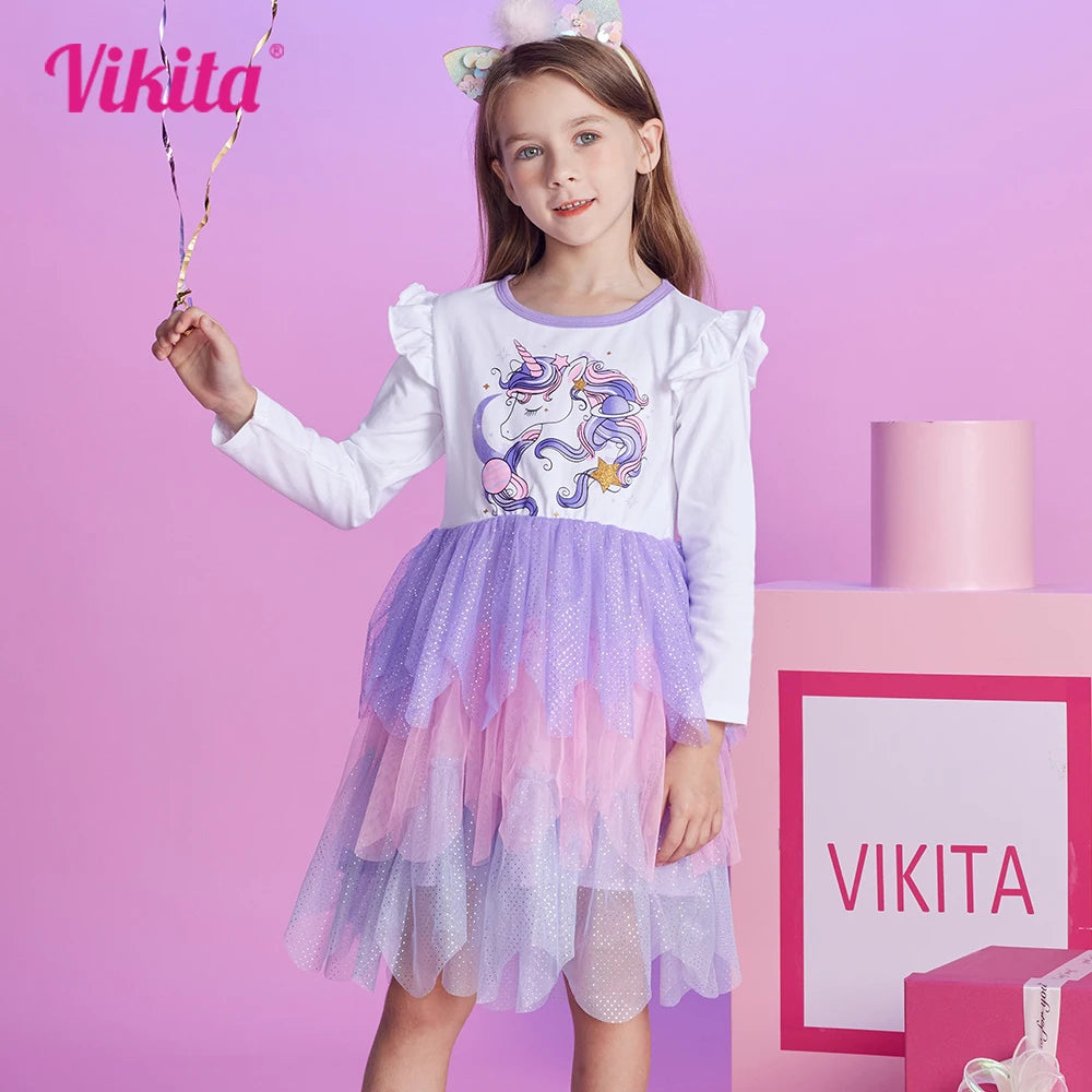 VIKITA Winter Children Dresses Unicorn Kids Princess Tutu Dress Irregular Prom Costume Long Sleeve Birthday Party Girls Clothes