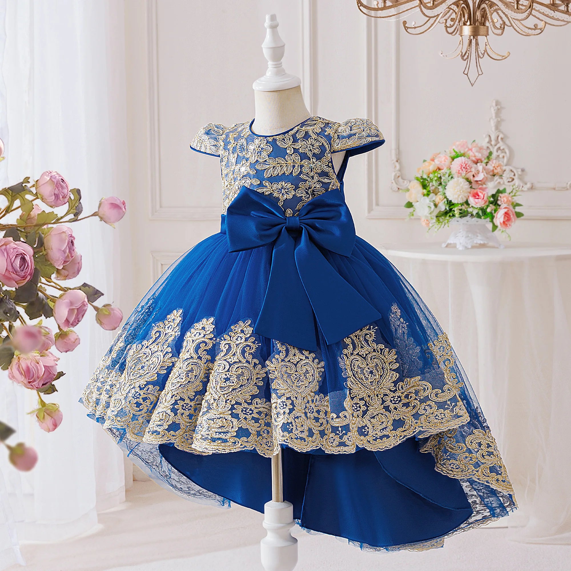 Elegant Embroidery Bow Bridesmaid Party Girls Dress Trailing Flower Wedding Birthday Princess Dresses Girl Evening Prom Vestidos
