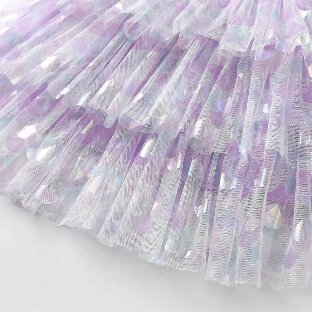 VIKITA Girls Lavender Mermaid Ruffles Tulle Mesh Flutter Sleeves Summer Dresses Girls Glittery Shiny Birthday Party Tutu Dresses