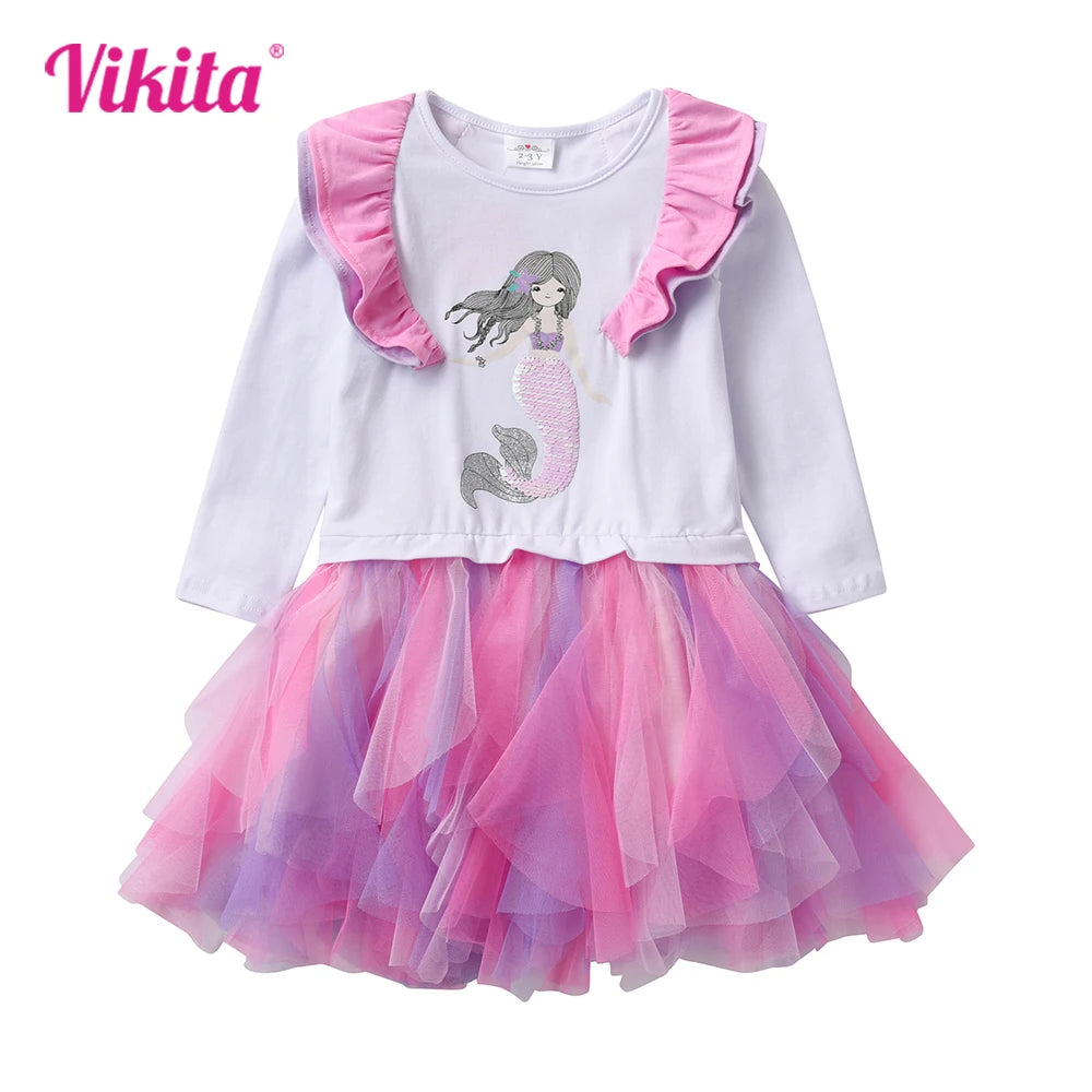 VIKITA Girls Mermaid Sequined Appliqued Cartoon Dress Kids Irregular Mesh Tulle Layered Princess Patchwork Long Sleeve Dresses