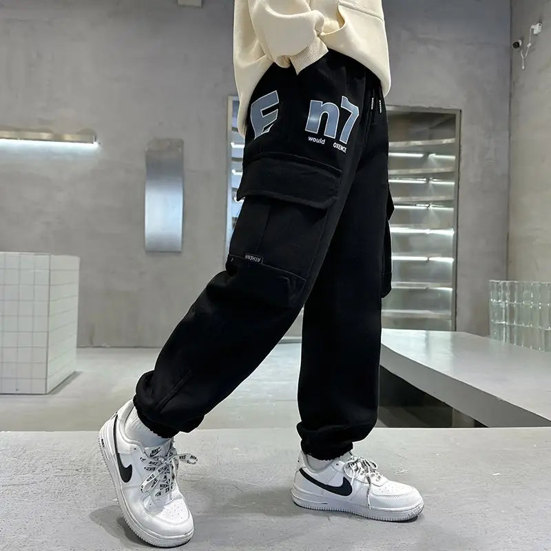 Boys Cargo Pants Spring Autumn Fleece-Lined Kids Casual Loose Long Pants Stylish Warmth Outdoor Playwear