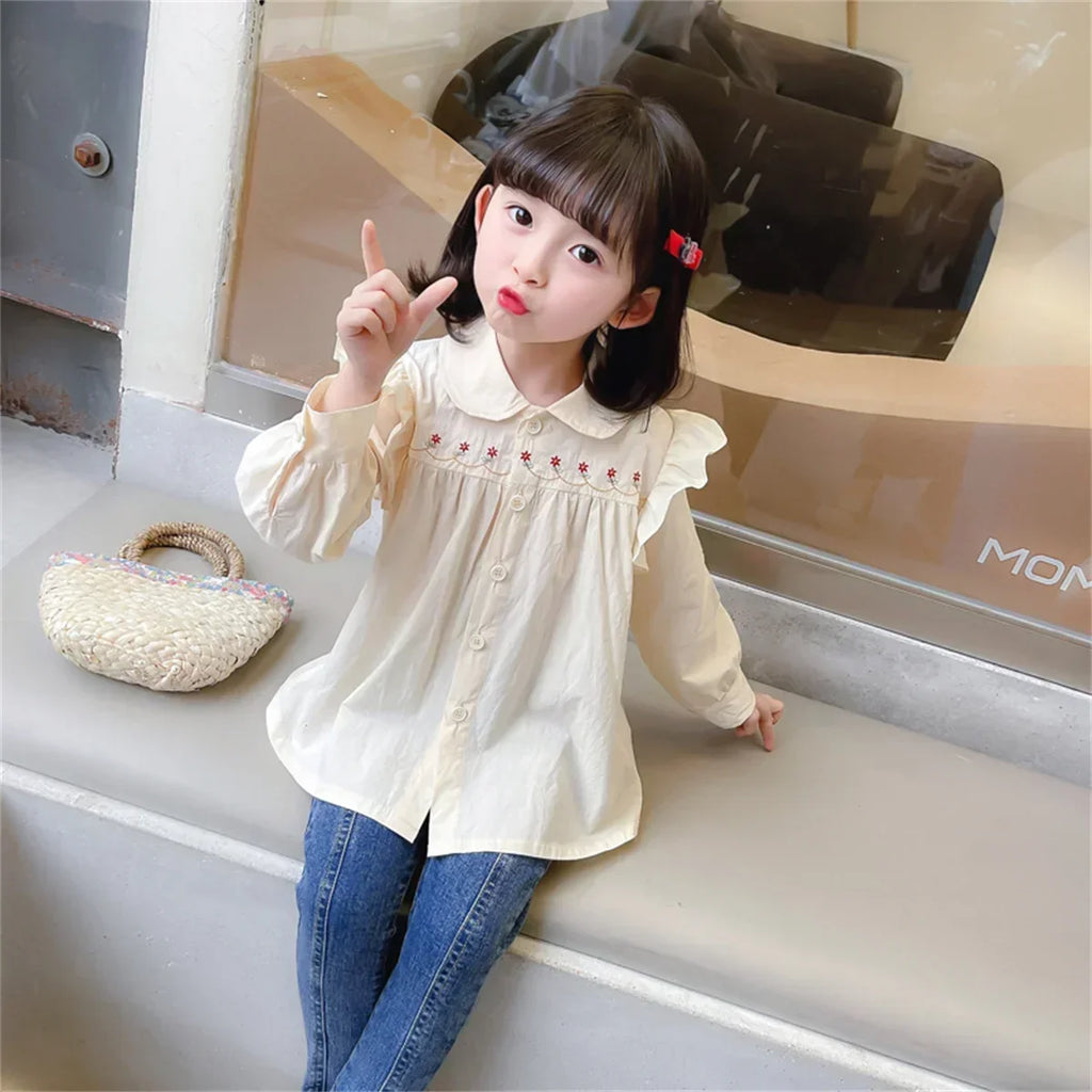 (Girls 0-5 years old) Autumn New Girls' Shirts Lace Pleated Flowers Decorated Doll Collar Blouse Blouse Blouse Blouse Blouse