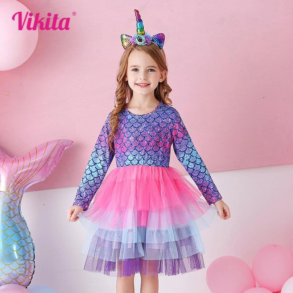 VIKITA Kids Long Sleeve Dress Girls Mermaid Print Dresses Kids Gradient Colorful Dress Girl Princess Layered Tulle Tutu Dresses