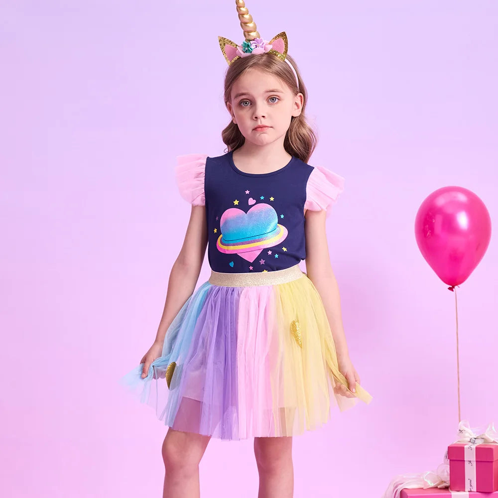 VIKITA Girls Summer Clothing Sets Kids Flare Sleeve Heart Cotton Tops Tees and Rainbow Mesh Tulle Skirts 2 Pcs Children Clothes