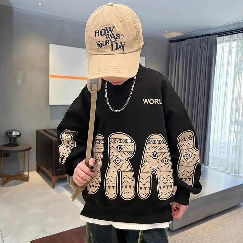 Boys' Medium-Large 2025 New Spring/Autumn Trendy No Hood Layering Top Sweatshirt