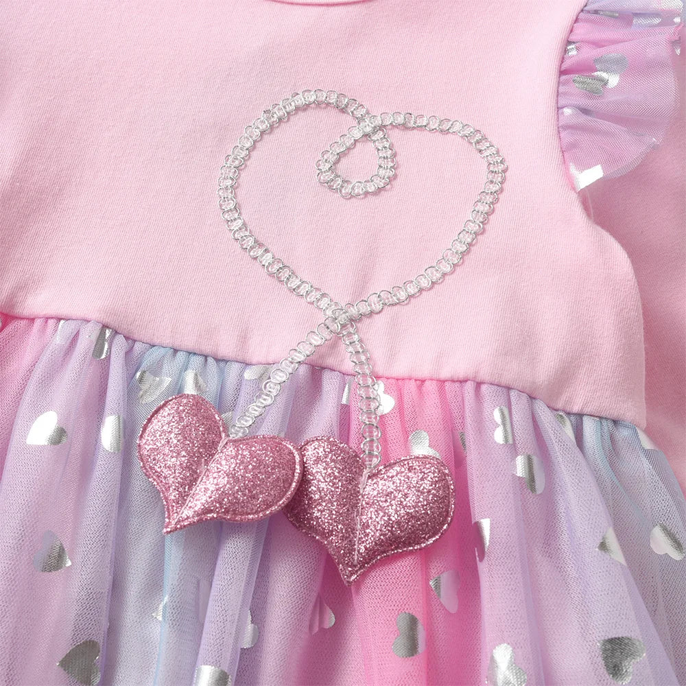 VIKITA 2025 Kinderkleidung Mädchen Herbst Frühling Langarm Rosa Kleid Kinder Herzform Mesh Tüll Prinzessin Party Sternenkleider