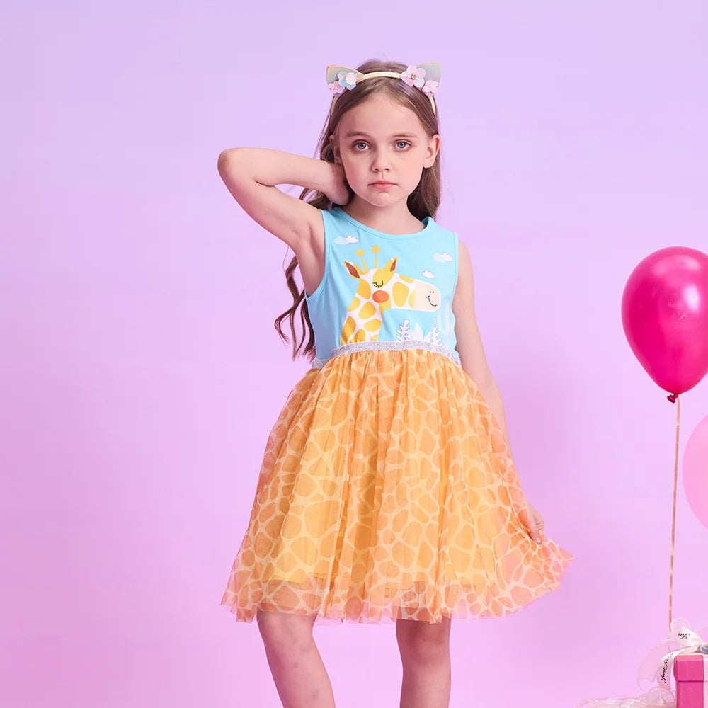 VIKITA Girls Sleeveless Summer Patchwork Dress Kids Giraffe Cartoon Print Infantil Vestidos Kids Mesh Tulle Party Casual Dresses