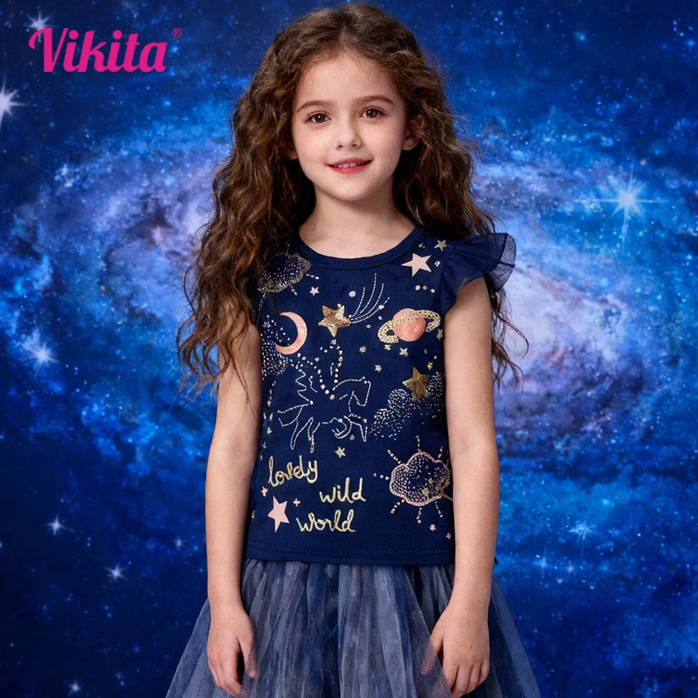 VIKITA Toddlers Girls Tops Tees Kids Glittery Stars Unicorn Starry Sequins Appliqued Fashion Navy Blue Cotton Casual T Shirt