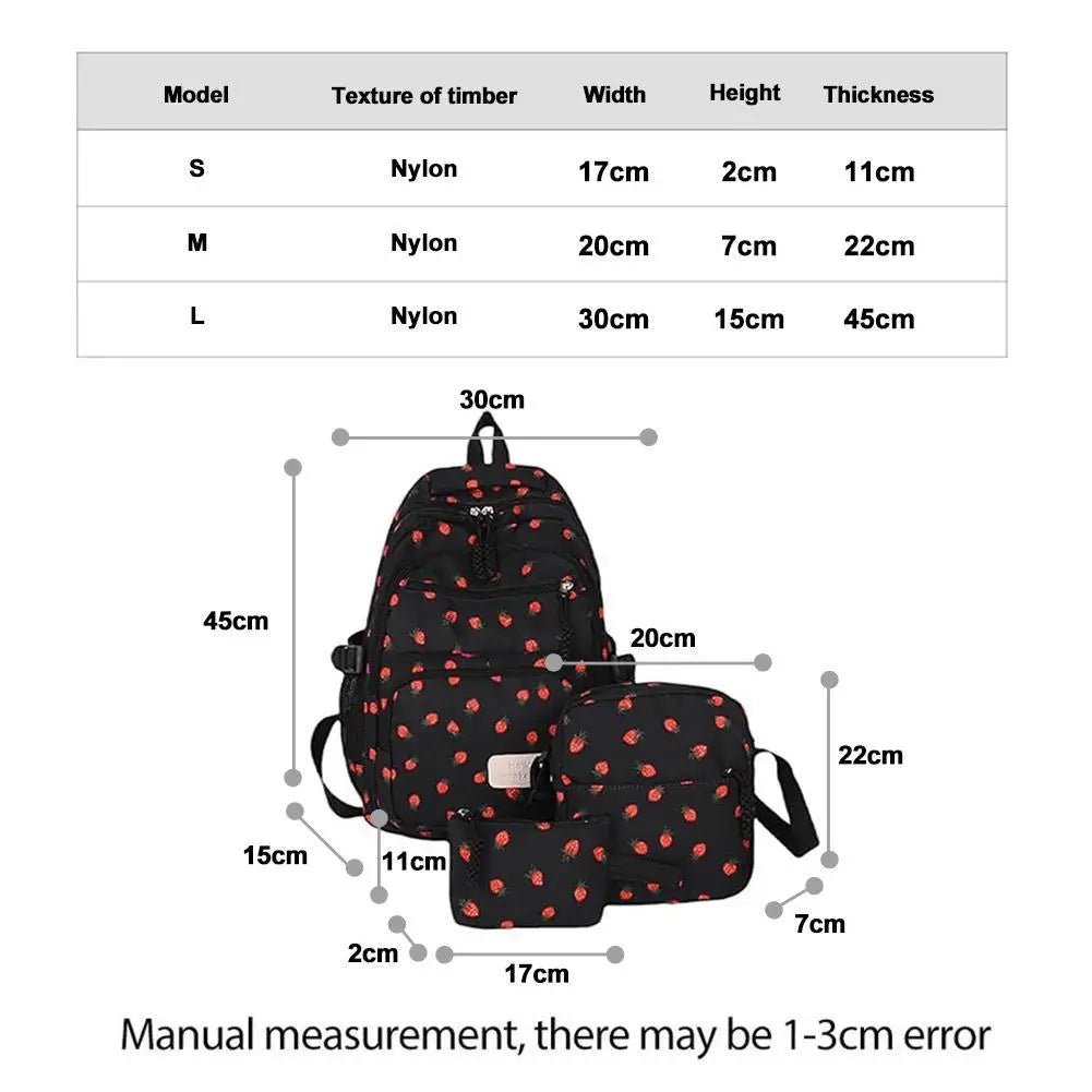 Corduroy Backpack three piece set Strawberry Print Daily Casual Backpack Niche Large Capacity Commuting Light Backpack