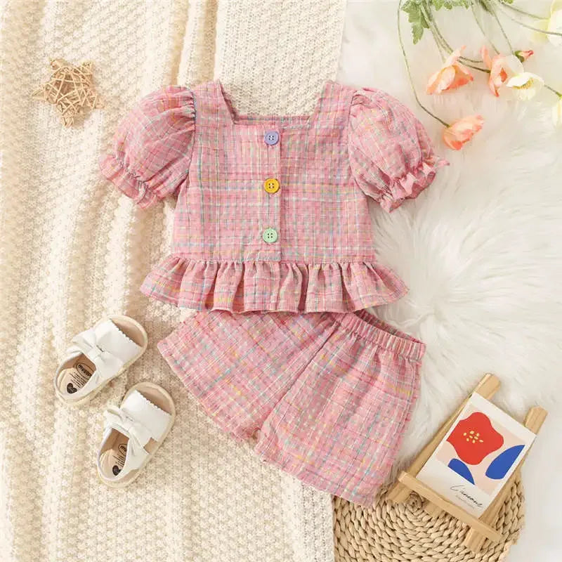 (0-3 Years Old) Summer Baby Girl Cotton Colored Plaid Bubble Sleeve Top and Shorts Set Cute Princess Style Girl Two-piece Set