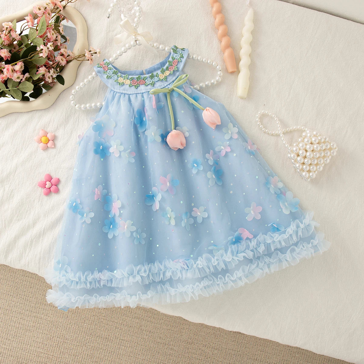 Summer New Floral Chiffon Baby Girl Princess Dress, Sweet Blue Children'S Clothing Suitable For Birthday Parties (0-4 Years Old)