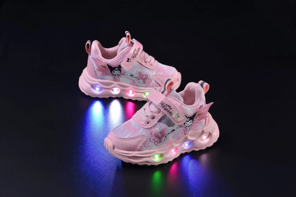 Kids'Casual Shoes Girls Led Light Cartoon PU Leather Spring Fashion Flat Bottom Anti-slip Soft Bottom Pink Purple Size 21-30