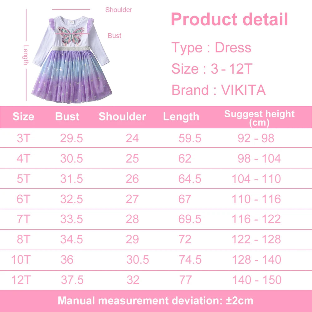VIKITA Girls Butterfly Sequined Elegant Dress Kids Autumn Spring Purple Gradient Mesh Tulle Princess Party Performance Prom Gown