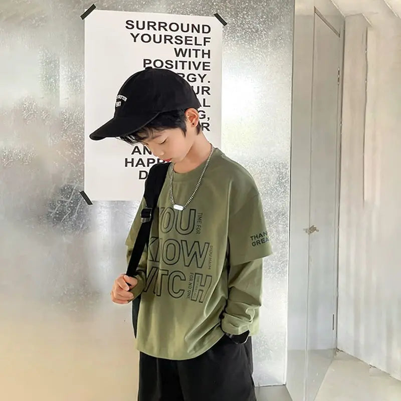 Letter Print Children's Clothes Boys Child T-shirt Long Sleeve Tshirt Clothing 7 12 Years Boy's Kids Wear T-shirts Top Oversized